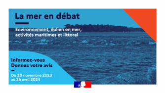 image réprésentant la mer avec en plus le titre "la mer en débat" et les dates du débats :  20 novembre 2023 au 26 avril 2024.
